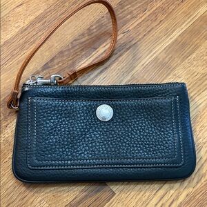Coach Black Pebbled Leather Wristlet with Tan Strap GUC